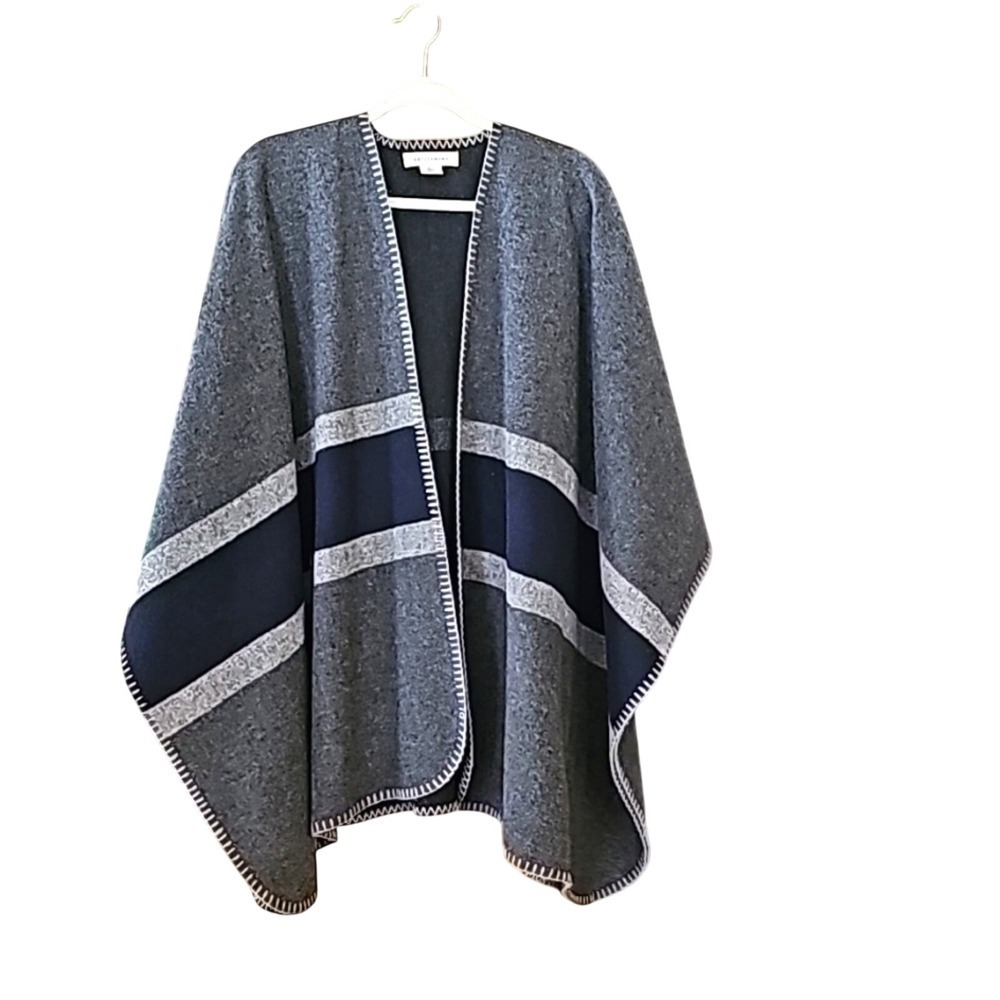 ARTISAN NY Charcoal Gray Striped Open Front Shawl Wood Blend Poncho Cape L